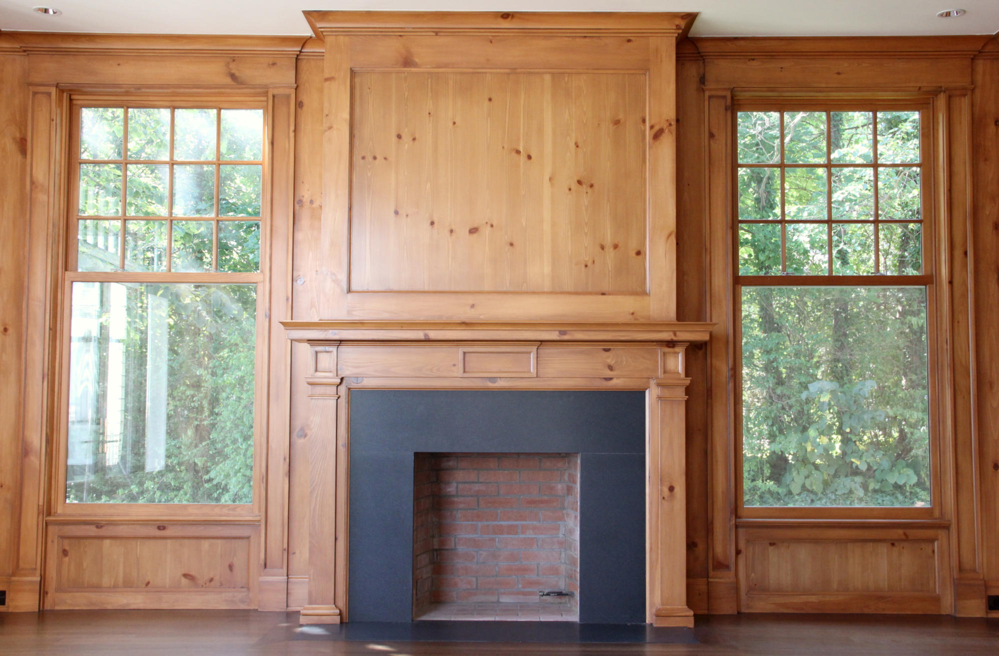 knotty pine panel fireplace